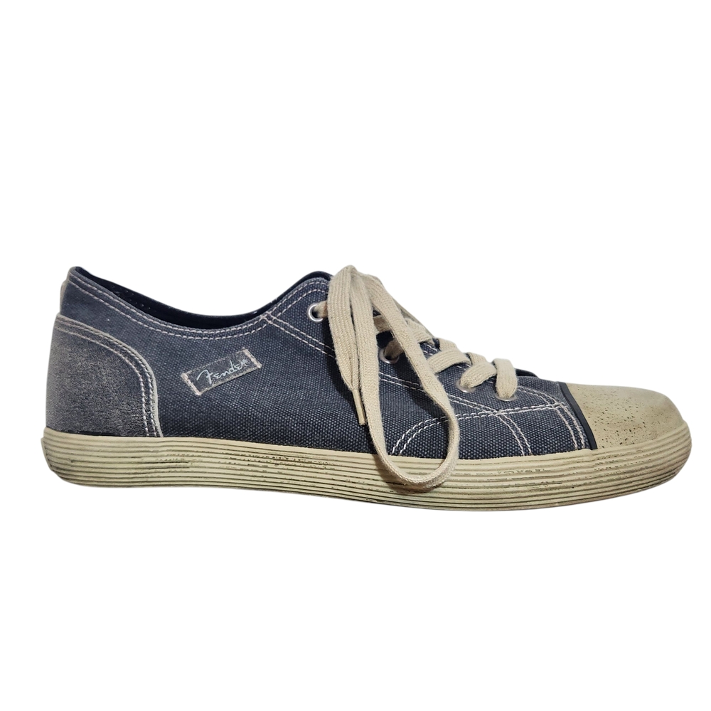 Fender Mens Blue Canvas Sneakers with Cream Accents and Guitar Pick Size 10